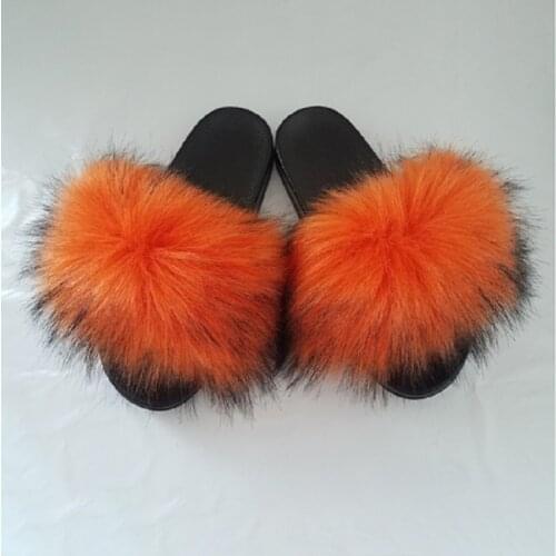 Summer Fake Fur Slides Ladies Fluffy Faux Fur Slippers Women Plush Flip Flops Flat Bottom Fake Raccoon Fur Slippers Women Shoes