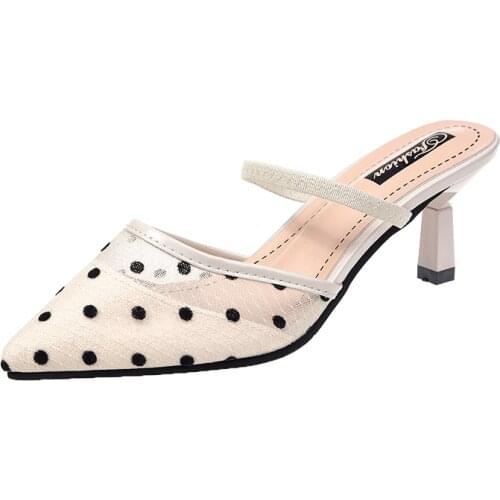 Aphixta 6cm Heels Slides Pointed Toe Dot Snowflake Breathable Lace Fabric Women Slippers For Girl Mules Mujer Elegant Shoes