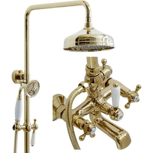 Bathroom Shower Faucet Set Hot & Cold Soild Brass Ceramics Bathtub Faucet Mixer Tap Wall Mount With Handheld & 8 Inch Top Spray