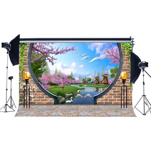 Spring Garden Backdrop Dutch Windmill Pond Fresh Flowers Blue Sky White Cloud Swan Green Background