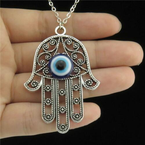 GLOWCAT Q20A94 Metal Women Turkish Blue Acrylic Evil Eye Hamsa Hand Pendant Collar Chunky 18"Chain Necklaces Jewelry Wholesale