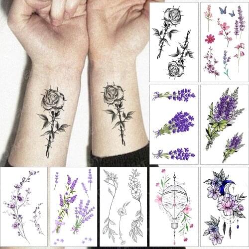 Waterproof Temporary Tattoo Sticker Watercolor Romantic Lavender Flowers Flash Tatoo Arm Wrist Fake Tatto For Body Art Women Men
