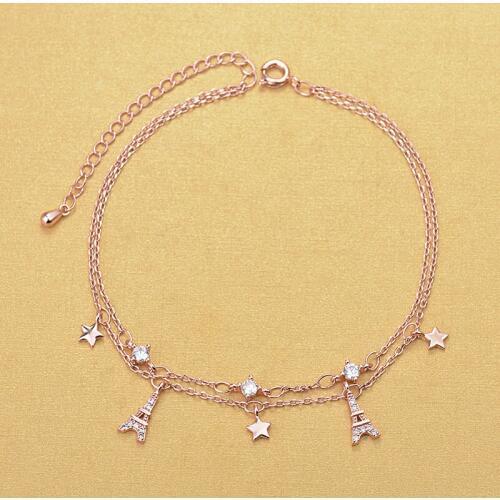 High Quality Korea Style Rose Gold Rhinestone Crystal Star Eiffel Tower Charm Anklets Jewelry For Gift