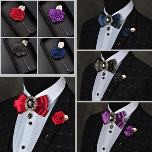 I-Remiel British Style Mens Bow Brooch Tie for Groom Wedding Rhinestone Bowtie Pin Master of Ceremonies Nightclub Accessories