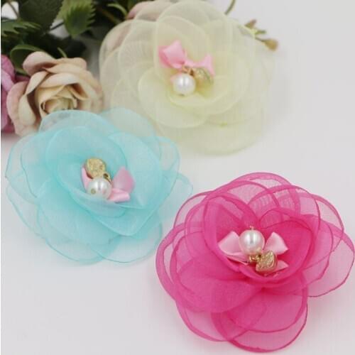 Pearls Core Chiffon Flowers Flatback Handmade Floral Jewelry Button Patch Sticker Fit for Garment Toddler Headband Decor