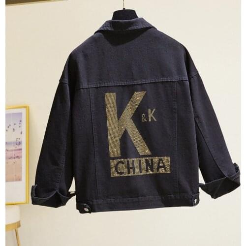 Diamond Letters Women Denim Jacket Black Large Size 5XL Spring Autumn All-match Loose Jeans Jackets Casual Coat Female Outwear
