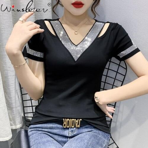 Summer European Clothes Solid Cotton T-Shirt Sexy Hollow Out Shiny Diamonds Women Tops Short Sleeve All Match Tees 2021 T14308A