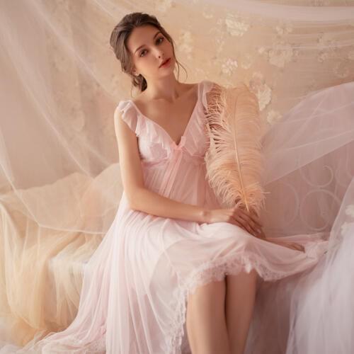 Fairy Retro Palace Wind Sweet Princess Nightwear Spring and Summer Nightdress Lace V-collar Housewear Nightgowns Sleepshirts