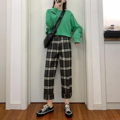 2020 Fashion Wide Leg Pants Women Autumn Casual Black White Plaid High Elastic Waist Long Loose Trousers Drawstring Female Pants