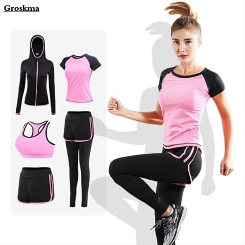 High quality women yoga 5 piece set quick dry loose hooded coats+t shirt+bra+shorts+pants fitness gym sports running suit sets