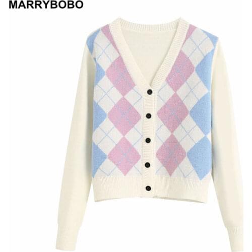 Women Autumn Knitted Cardigan Casual Long Sleeve V-Neck Elegant Outerwear Tops 2020 Vintage Geometric Rhombic Chic Sweater