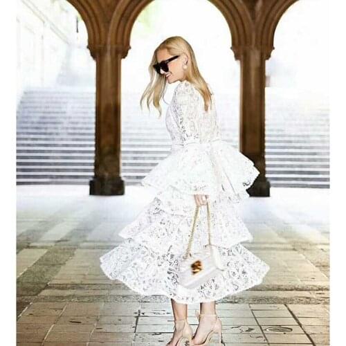 Nes Vestidos Autumn Runway Women Sexy Lace Crochet White Ruffles Layered Dress Flare Long Sleeve Elegant Party Cake Long Dresses