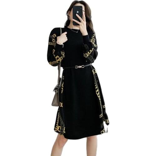 Womens Large Spring/Summer 2021 New Ice Silk Knitted Womens Sewn Print Chiffon Loopy A-line Dress Fashion Midi Maxi