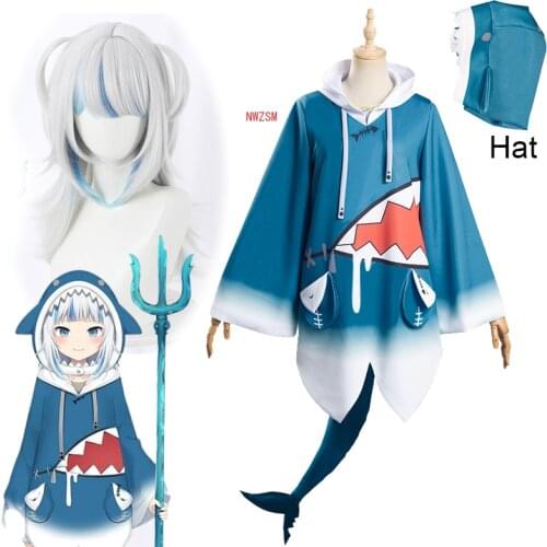 2020 VTuber Hololive Gawr Gura Costume Shark Suit Gawr Gura Cosplay Wig and Hoodies+Hat+Tail Woman Kawaii Shark Costumes