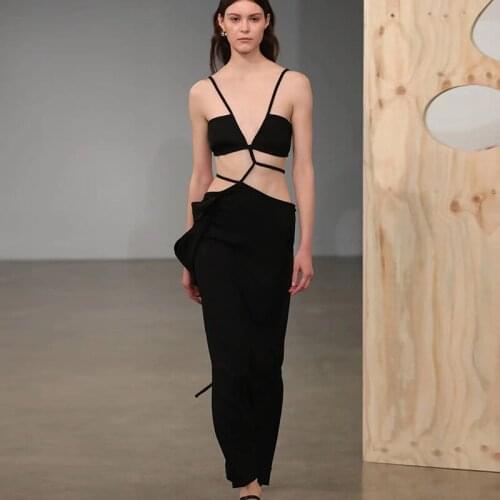 2021 Sexy V Neck Black Spaghetti Strap Hollow Out Women Bandage Dress Party Robe Femme Nightclub Casual Slim Summer Robe HD8426