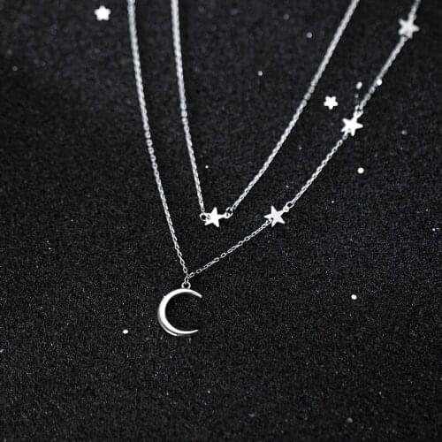 Asymmetry Necklace 100% real 925 Sterling Silver Fine Jewelry Double Rows Necklace Moon Star Pendant C-D7170