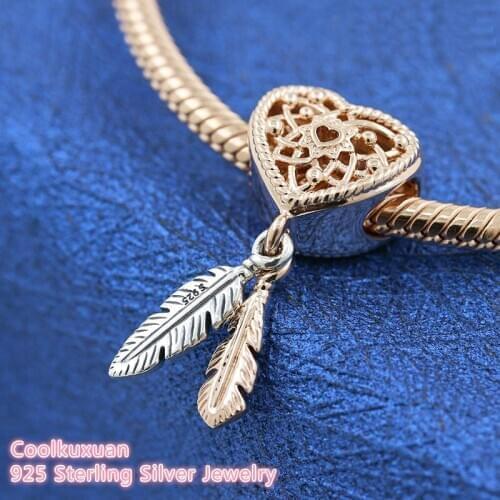 Openwork Heart & Two Feathers Dreamcatcher Charm Original 100% 925 Sterling Silver beads Fits Brand bracelets Jewelry Making