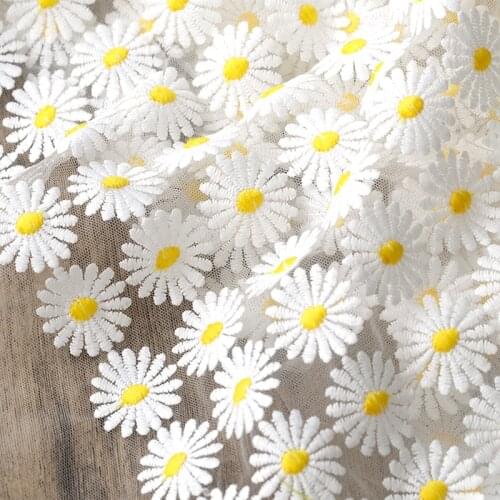 White Daisy Embroidered Soft Lace fabric Mesh Gauze Lace Wedding Fabric For skirt clothing Dress Material