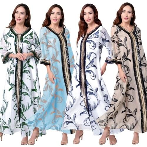 Noble High Quality Dubai Abaya Islam Kaftan Moroccan Gown V-Neck Sequin Embroidered Robe Middle East Muslim Dresses Female 2021