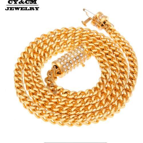 CY&CM 6mm Stainless Steel Wheat Long Franco Chain Gold Silver Plated Necklace Men Hiphop Jewelry Luxury Rhinestone Box Clasp 30"
