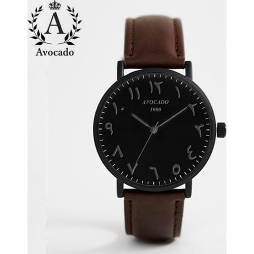 Avocado MenS Watches Fashion Black Shell Arabic Numerals Quartz Wristwatches Brown Leather Strap