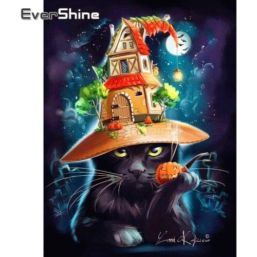 EverShine Cat Diamond Painting Cross Stitch Picture Rhinestones Diamond Embroidery Full Display Halloween Handmade Home Decor