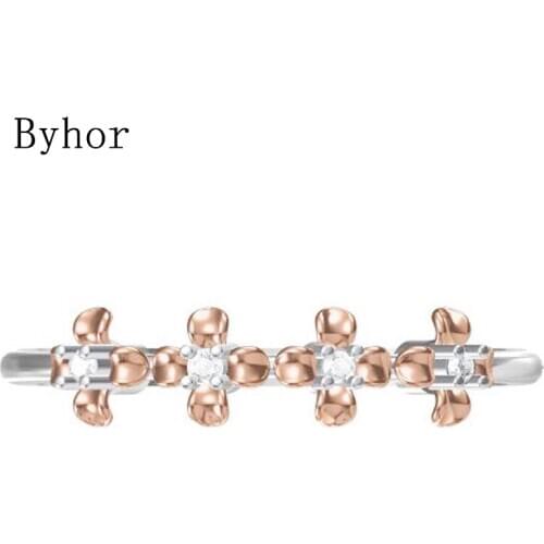 Byhor Solid 14K White+Rose Gold 0.032ct H/SI Natural Diamonds Fine Jewelry Trendy Wedding Band Flower Diamond кольцa ring Women