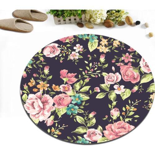 Round Childrens Room Floor Cushion Bedroom Area Rugs Bathroom Non-Slip Carpets Home Door Mat Blooming Peony On Black Background