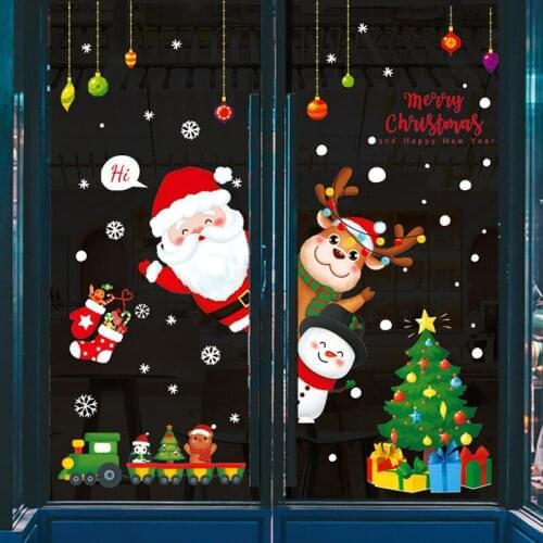 Santa And Reindeer Wall Poster Hanging Ball Christmas Decorations For Home 2022 New Year Snowman Tree Decor Shop Window Stickers