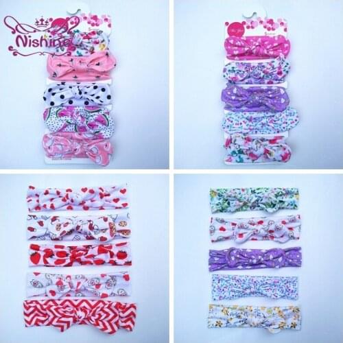 Nishine 5pcs/lot Kids Newborn Printted Dot Stripes Cartoon Rabbit Ears Headband Baby Girl Elastic Hair Band Toddler Headwear Set