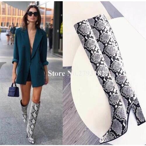 Newest Women Fashion Pointed Toe Snake Leather Knee High Chunky Heel Boots Half Zipper-up Long Thick High Heel Boots Dress Shoes