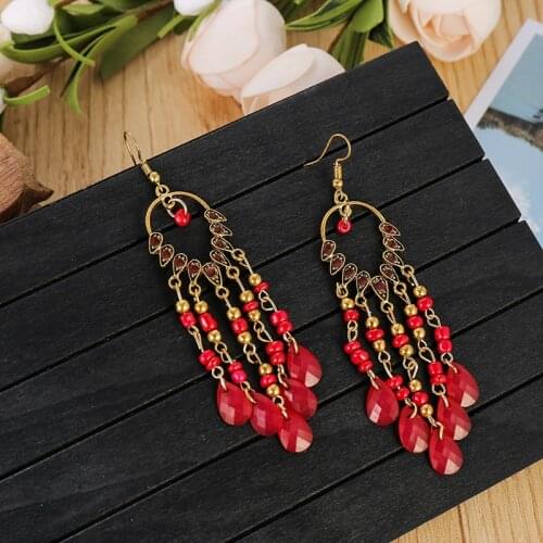 New Classic Vintage Red Crystal Beads Tassel Earrings Bohemia Gold Alloy Fashion Wedding Earrings Hangers