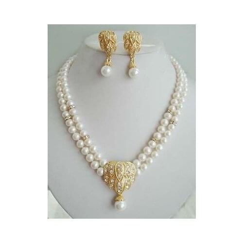 Charming 2 Rows 8-10mm White Shell Pearl Necklace Earrings Jewelry Set NATURAL Quartz Women Wedding free shipping