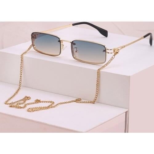 Metal Green Tea Rectangle Sunglasses Womens Retro Brand Designer Narrow Square Sun Glasses Chain Female Driver Goggles Unique