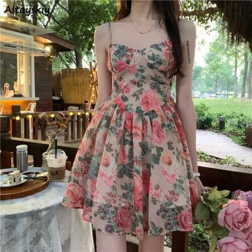 Sleeveless Dress Women Design Floral Sexy Empire A-line Elegant French Style Summer Spaghetti Strap Mini Dresses Stylish Female