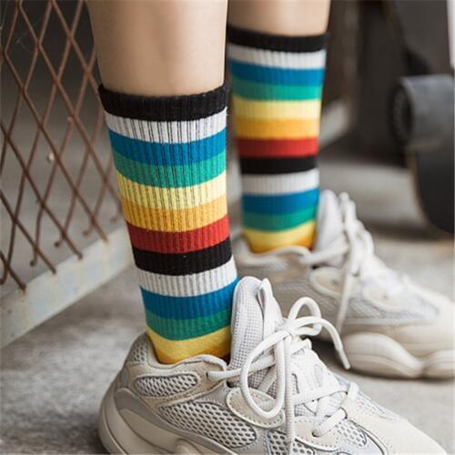 2018 Colorful Autumn Winter New Multi-striped Rainbow Socks Fashion Skateboard Cotton Socks for Women Girls