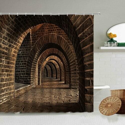 Retro Antique Building Arch Door Shower Curtain Stone Brick Wall Tunnel Industrial Style Home Decor With Hook Waterproof Screen