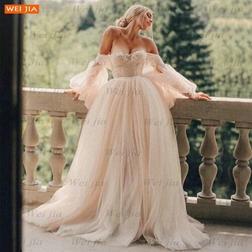 Sexy Boho Wedding Dresses 2021 Champagne Robe De Mariée Long Puff Sleeves Tulle A Line Abito Da Sposa Custom Made Bridal Gowns