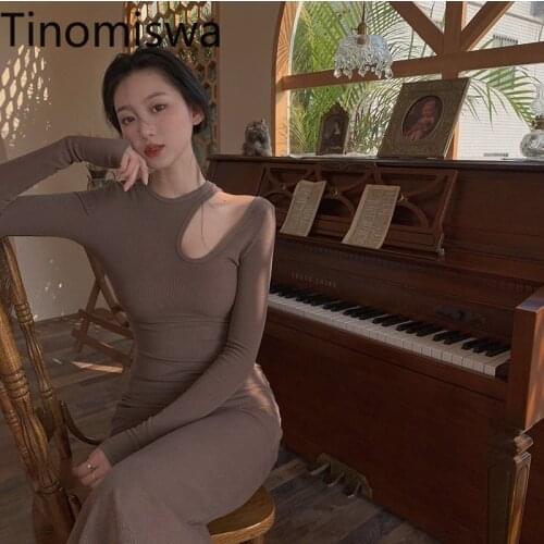 Tinomiswa Slim Front Cut Out Womens Dress Elegant High Waist Spring New 2021 Sexy Long Sleeve Pocket Hip Dresses Vintage A1639