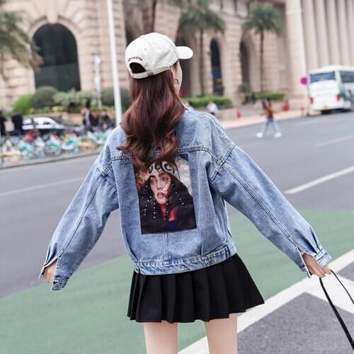 2020 Fashion Spring The New Printing Wear Beads Loose Thin Denim Jacket Free Shipping