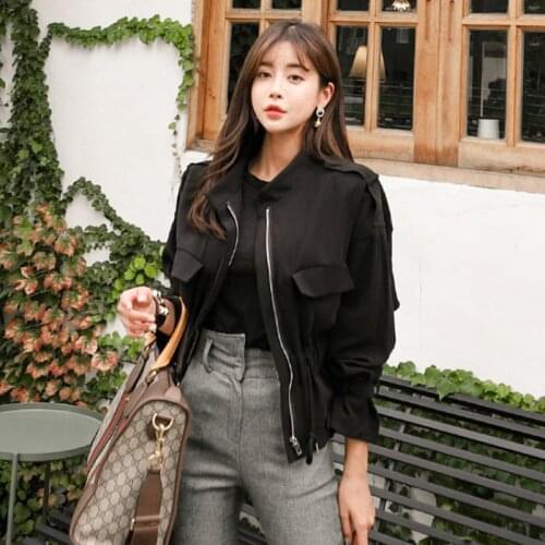 Seiwnibu Casual Women Black Jacket Coat 2020 New Fashion Spring Stand Collar Long Sleeve Zipper Drawstring Slim Waist Short Coat