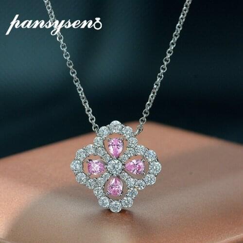PANSYSEN Solid 925 Sterling Silver Wedding Engagement Leaf Pink Sapphire Created Moissanite Diamond Pendante Necklaces for Women