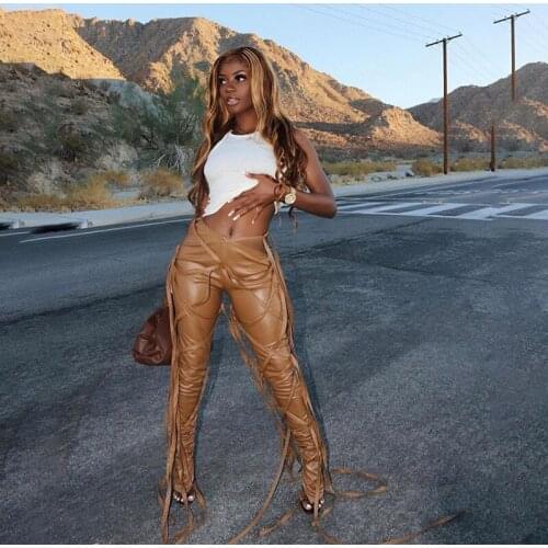 Women Ribbons Faux Leather Pants Skinny Sling High Waist Pencil Pants Asymmetry Solid Chic Tight Trouser Fall 2020 Clothing