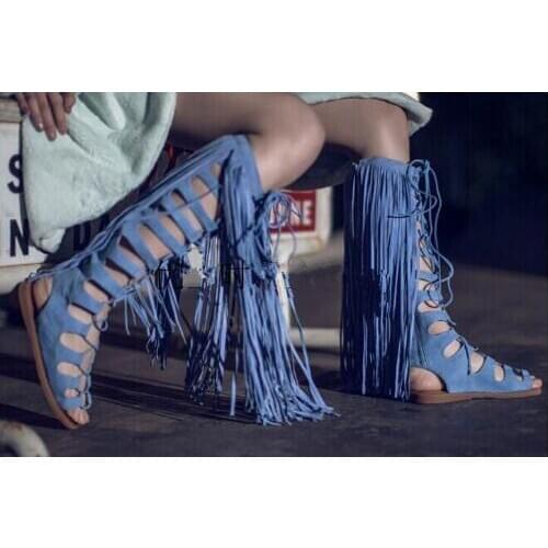 Summer Long Tassels Cut-outs Woman Lace Up Knee Boots Flat Back Zipper Gladiator Sandal Boot