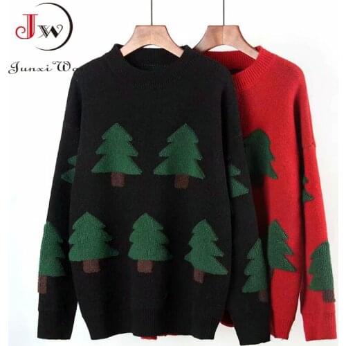 Women Christmas Sweater Long Sleeve Thick 2021 Autumn Winter Casual Red Black Pullovers Jumper Loose Oversized Streetwear