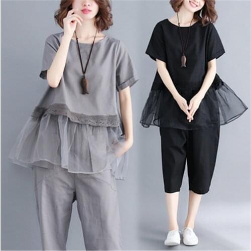 2020 Summer New Loose Large Size Literary European Root yarn Stitching Cotton And Linen Casual Suit Female Two-Piece Suit