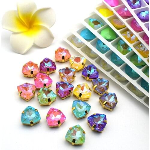 12MM K9 Fat Trilateral Mocha Fluorescence Sew On Rhinestone Flatback Glass Crystal Gold Base DIY Jewelry Clothing Accessories