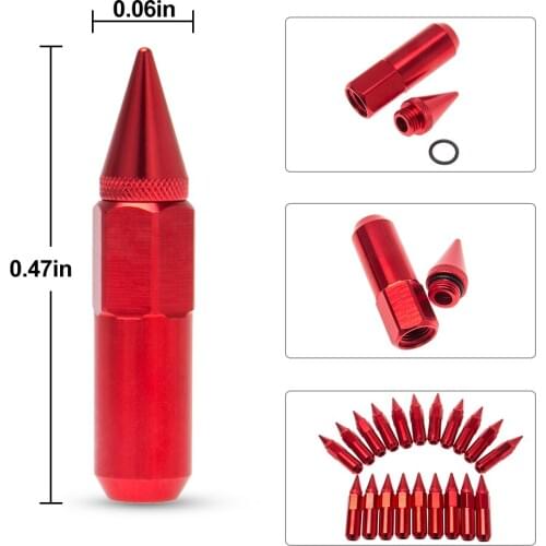 20PCS Red 60mm High Quality Aluminum Car Wheels Rims Spike Lug Nuts M12X1.5 Cap Spiked Extended Tuner Car Accessories
