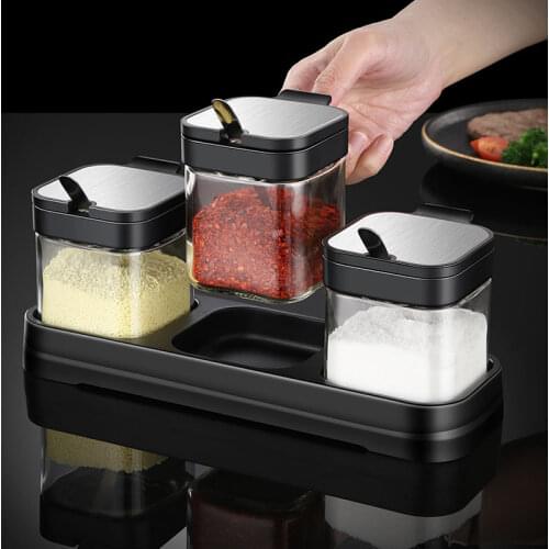 3pcs Kitchen Seasoning Box Combination Jar Glass Salt Shaker Grains Tank Sugar Organization Set with 304 Stainless Steel Spoon