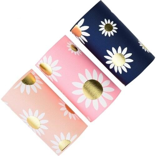 50yards 75mm Gold Foil Ink Chrysanthemum Sunflower Grosgrain Ribbon For DIY Accessories Welcome Custom Printed